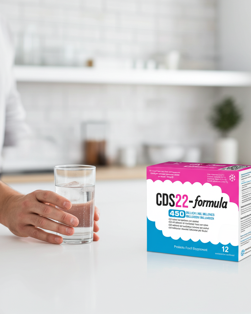 CDS22 formula beside a glass of water