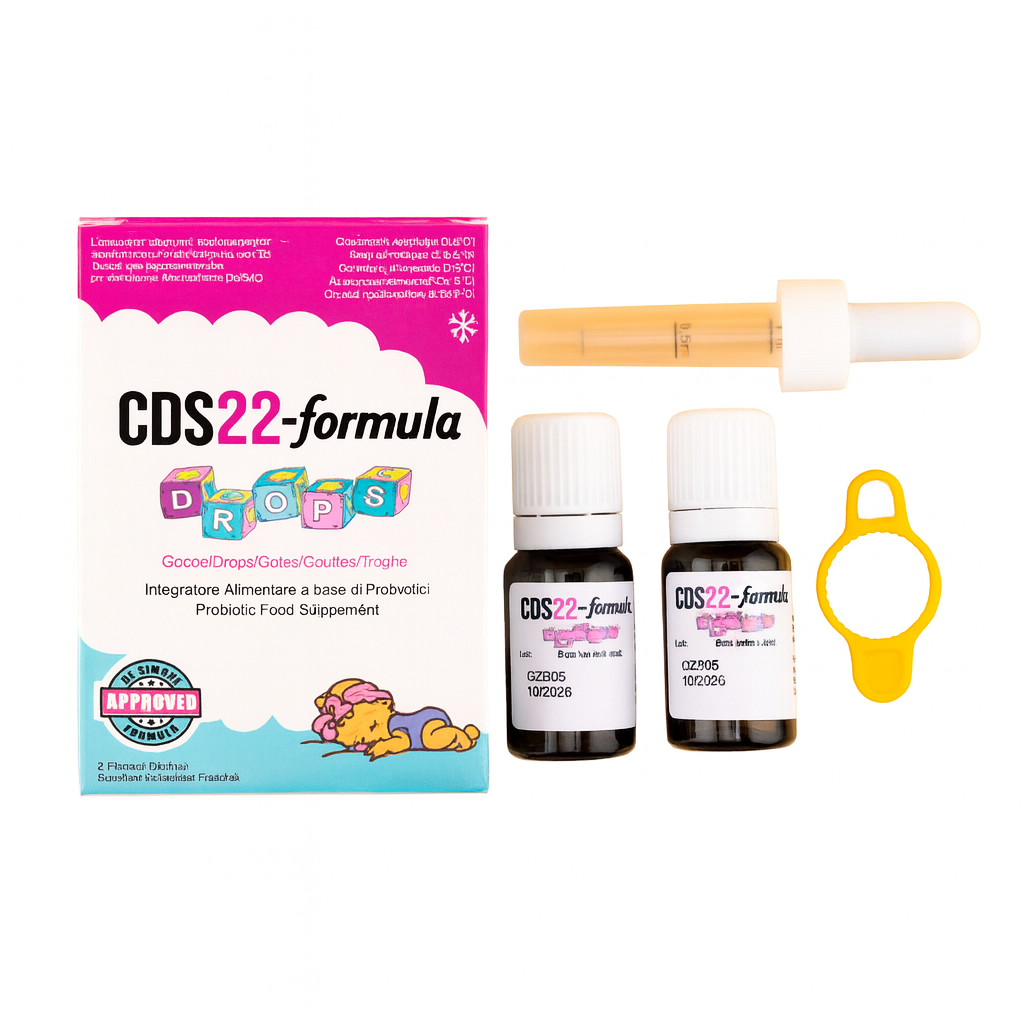 CDS22-formula product set including bottles, packaging, and dropper on a white background