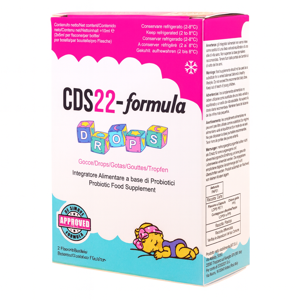 CDS22-formula Drops packaging with colorful text and a cartoon character on a white background