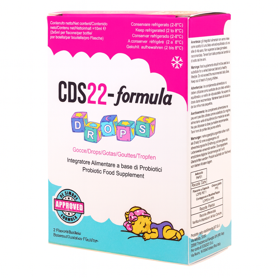 CDS22-formula Drops packaging with colorful text and a cartoon character on a white background