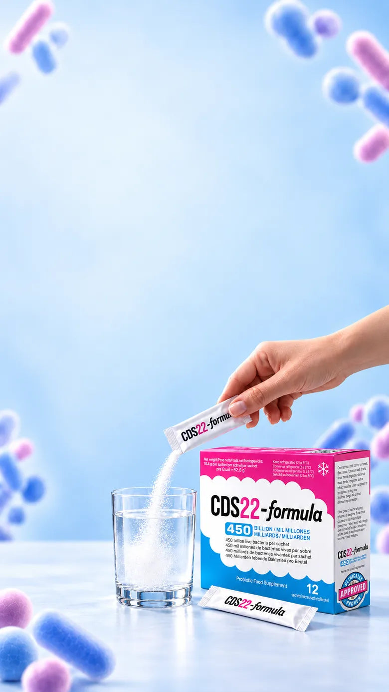 CDS22-formula sachet being poured into a glass beside a 12-sachet box.